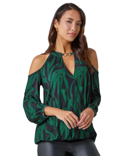 Roman Womens Abstract Print Cold Shoulder Stretch Top - Dark Green