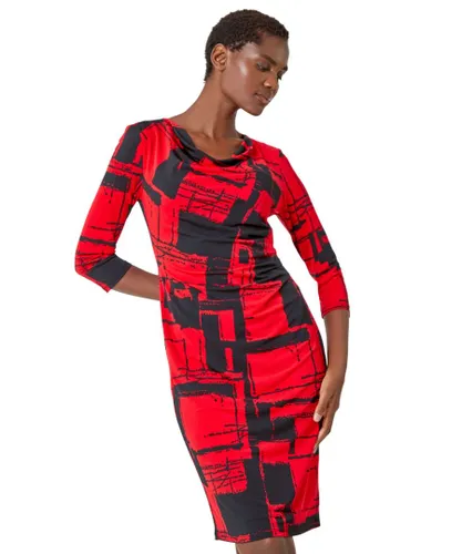 Roman Womens Abstract Print Cowl Neck Stretch Dress - Red
