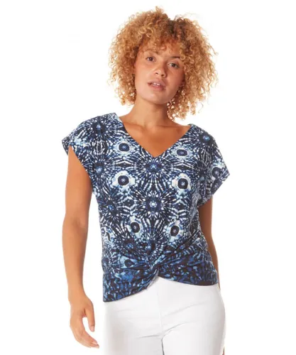 Roman Womens Abstract Print Knot Front Top - Blue