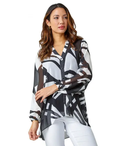 Roman Womens Abstract Print Longline Button Blouse - Ivory