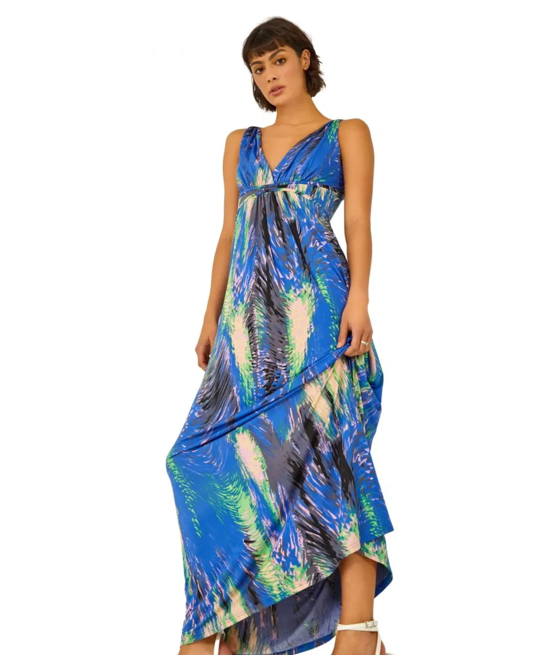 Roman Womens Abstract Print Maxi Stretch Dress - Blue