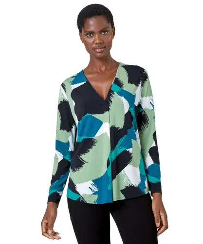 Roman Womens Abstract Print Pleat Stretch Top - Green