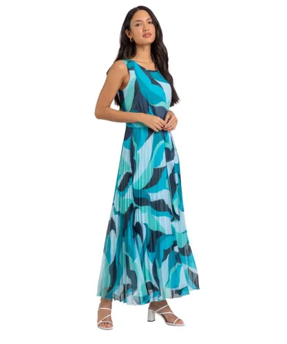 Roman Womens Abstract Print Pleated Maxi Dress - Turquoise