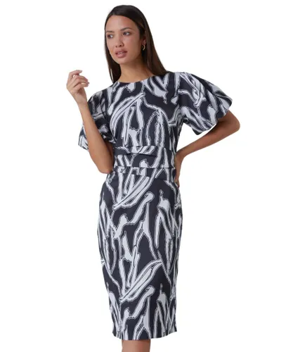 Roman Womens Abstract Print Ruched Stretch Dress - Black