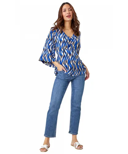 Roman Womens Abstract Print Ruched Tunic Top - Blue Viscose