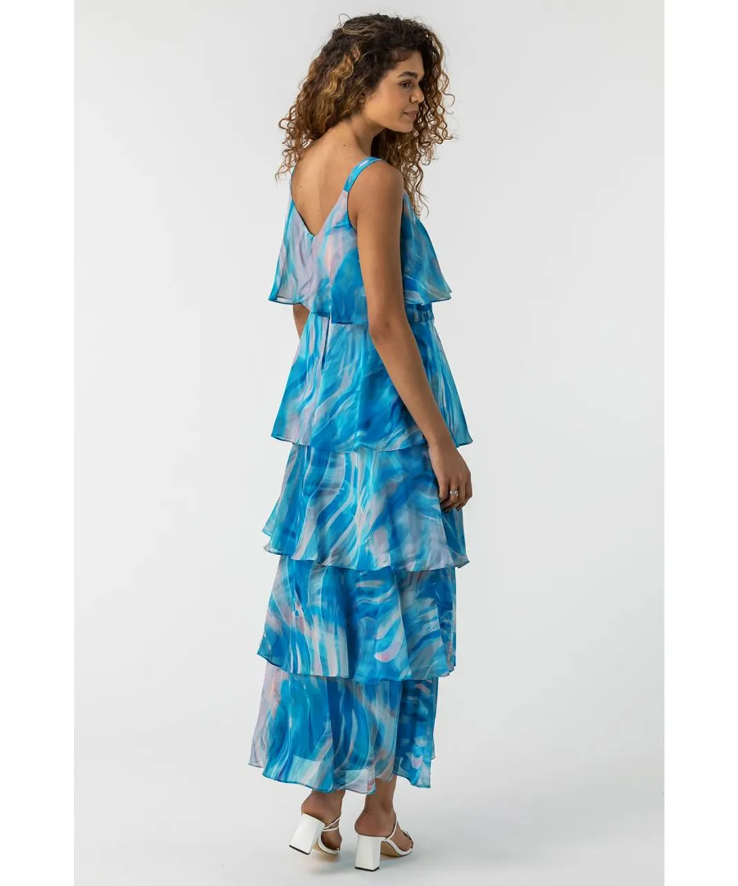 Roman Womens Abstract Print Tiered Maxi Dress - Turquoise
