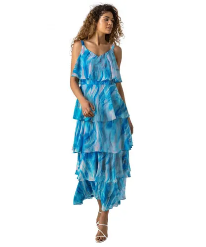 Roman Womens Abstract Print Tiered Maxi Dress - Turquoise