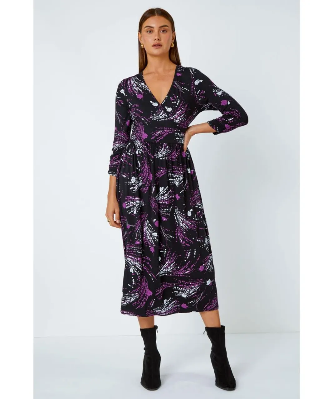 Roman Womens Abstract Print Wrap Midi Stretch Dress - Purple