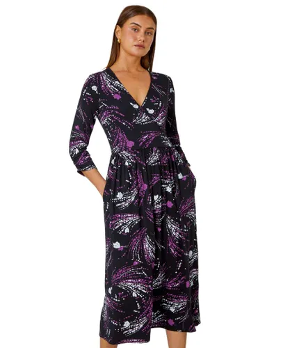 Roman Womens Abstract Print Wrap Midi Stretch Dress - Purple