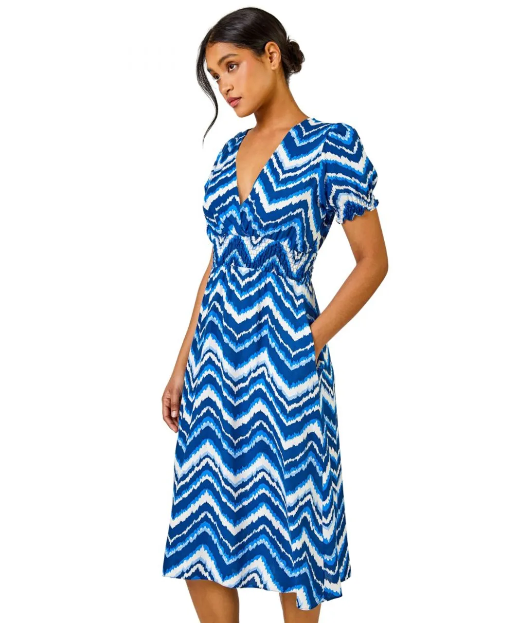 Roman Womens Abstract Zig Zag Pocket Tea Dress - Blue