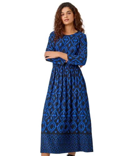 Roman Womens Aztec Border Print Stretch Midi Dress - Blue
