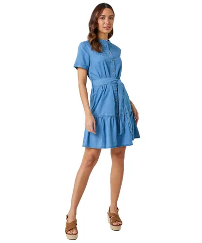 Roman Womens Belted Cotton Denim Frill Hem Dress - Blue