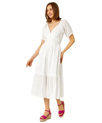 Roman Womens Broderie Puff Sleeve Cotton Midi Dress - White