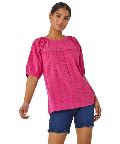 Roman Womens Broderie Puff Sleeve Cotton Top - Pink