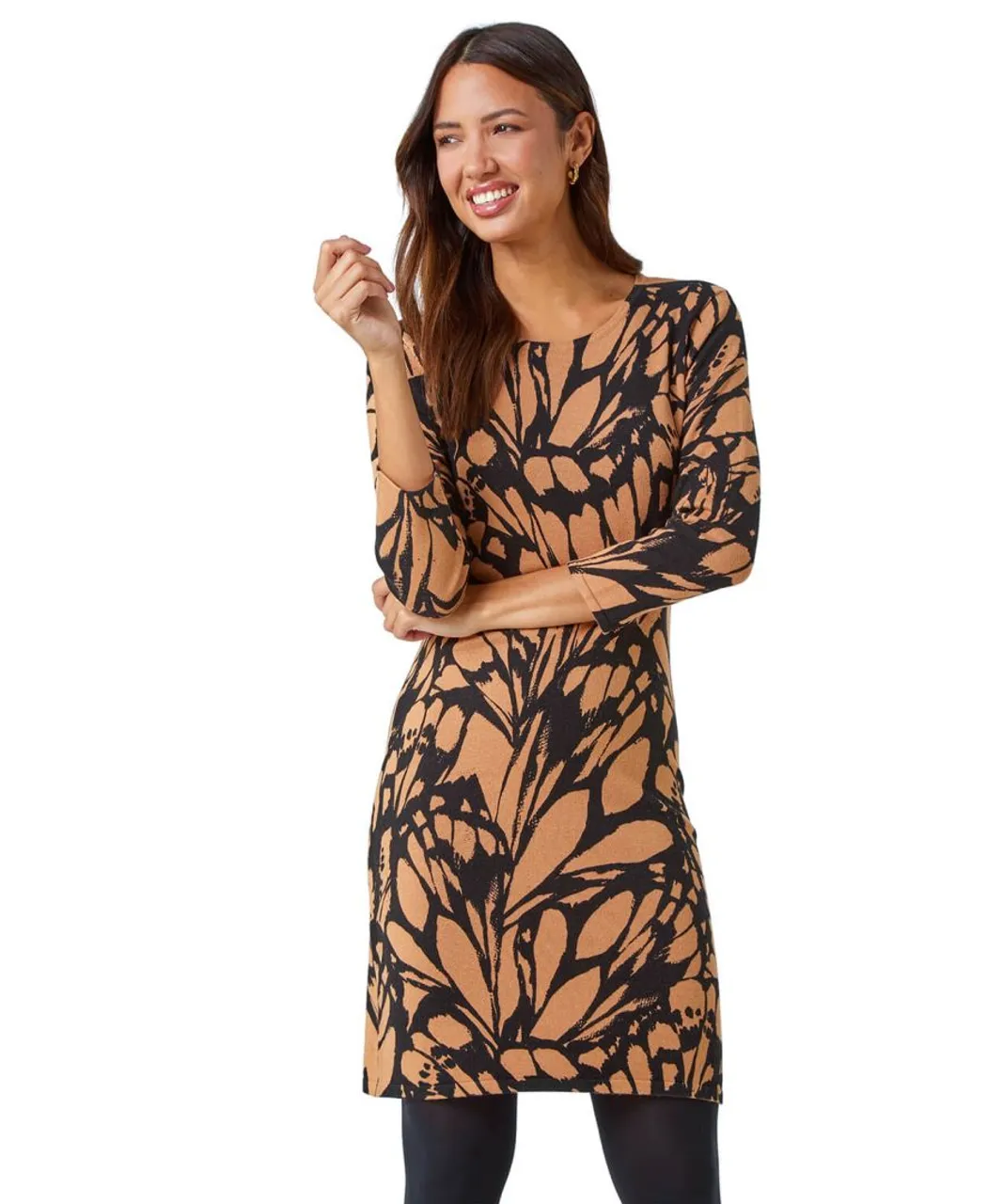 Roman Womens Butterfly Print Knitted Stretch Dress - Camel