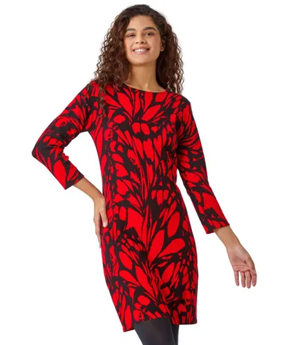 Roman Womens Butterfly Print Knitted Stretch Dress - Red