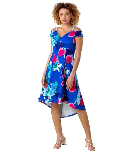 Roman Womens Cold Shoulder Floral Print Dress - Blue