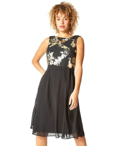 Roman Womens Contrast Floral Fit & Flare Dress - Black