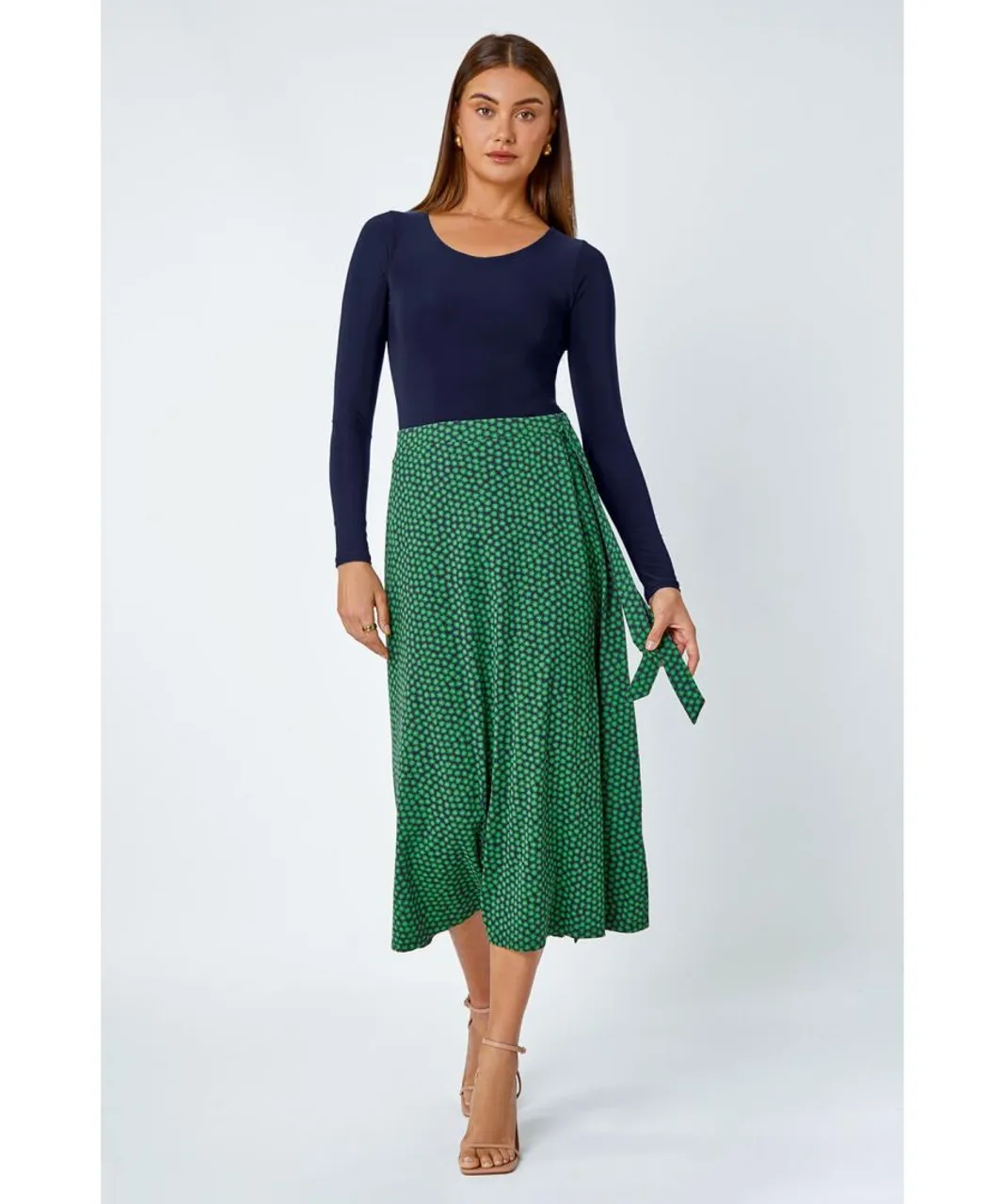 Roman Womens Cotton Blend Spot Print Midi Wrap Skirt - Green