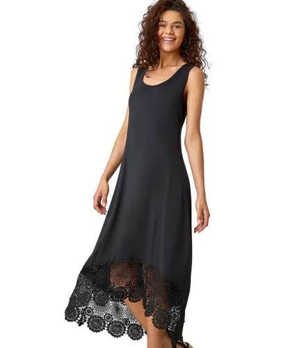 Roman Womens Crochet Hem Stretch Midi Dress - Black