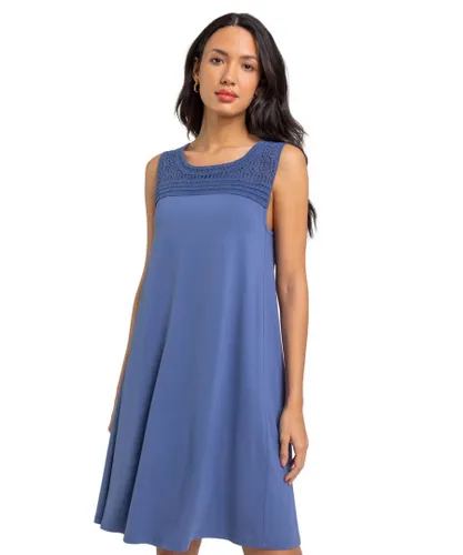 Roman Womens Crochet Yoke A-Line Jersey Dress - Blue