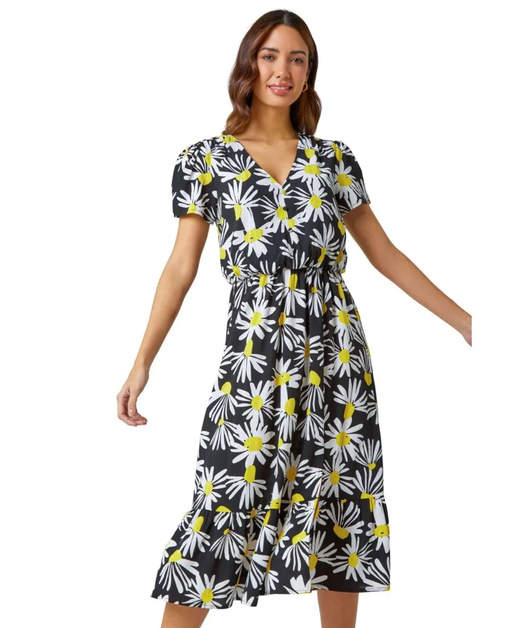 Roman Womens Daisy Print Blouson Midi Dress - Yellow