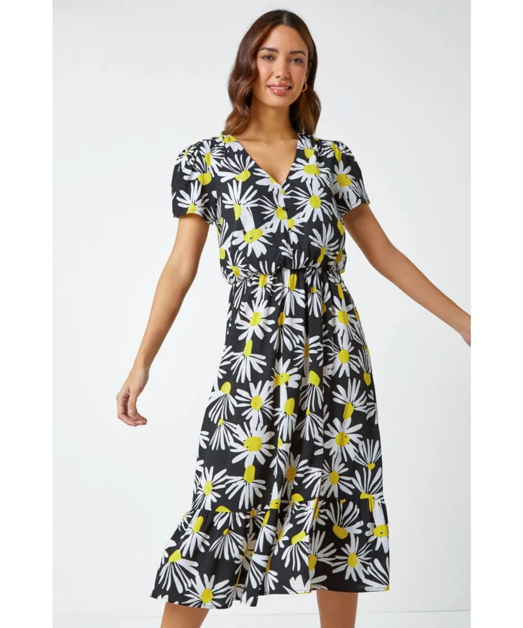 Roman Womens Daisy Print Blouson Midi Dress - Yellow