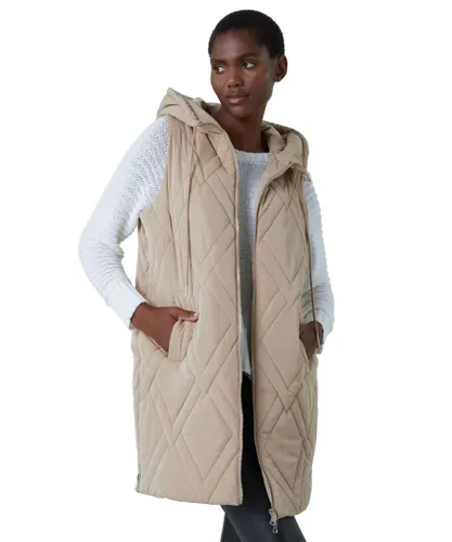 Roman Womens Diamond Quilted Hooded Gilet - Beige