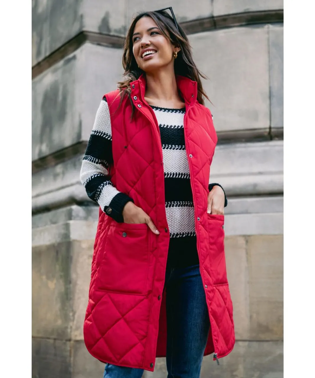 Roman Womens Diamond Quilted Longline Gilet - Red