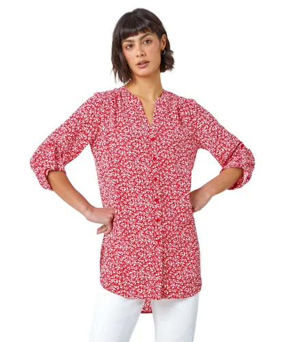 Roman Womens Ditsy Floral Print Longline Blouse - Red