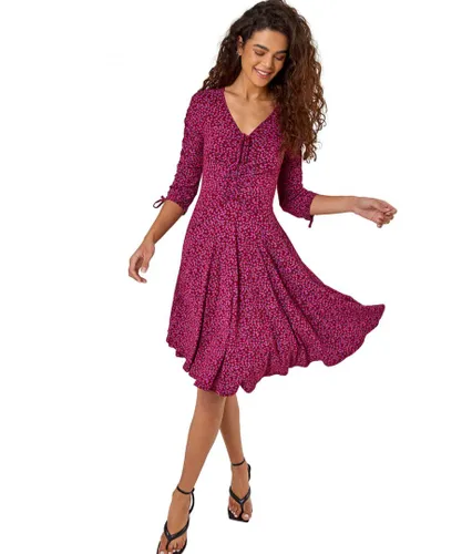 Roman Womens Ditsy Floral Print Ruched Detail Dress - Wine