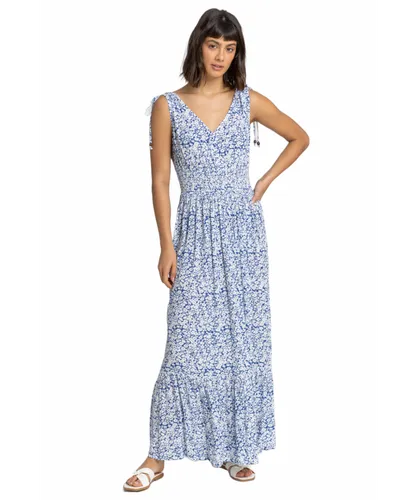 Roman Womens Ditsy Floral Shirred Waist Maxi Dress - Blue