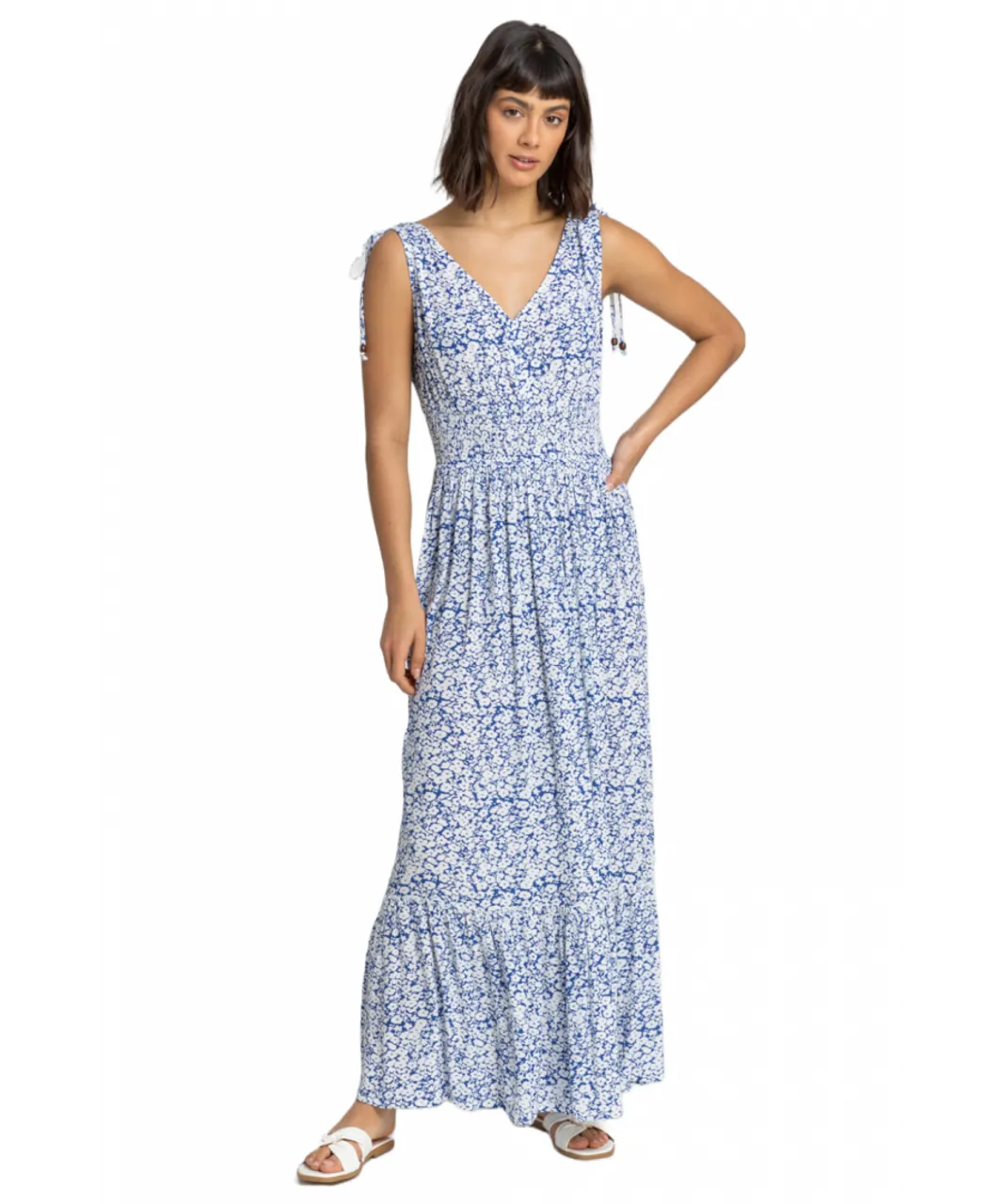 Roman Womens Ditsy Floral Shirred Waist Maxi Dress - Blue