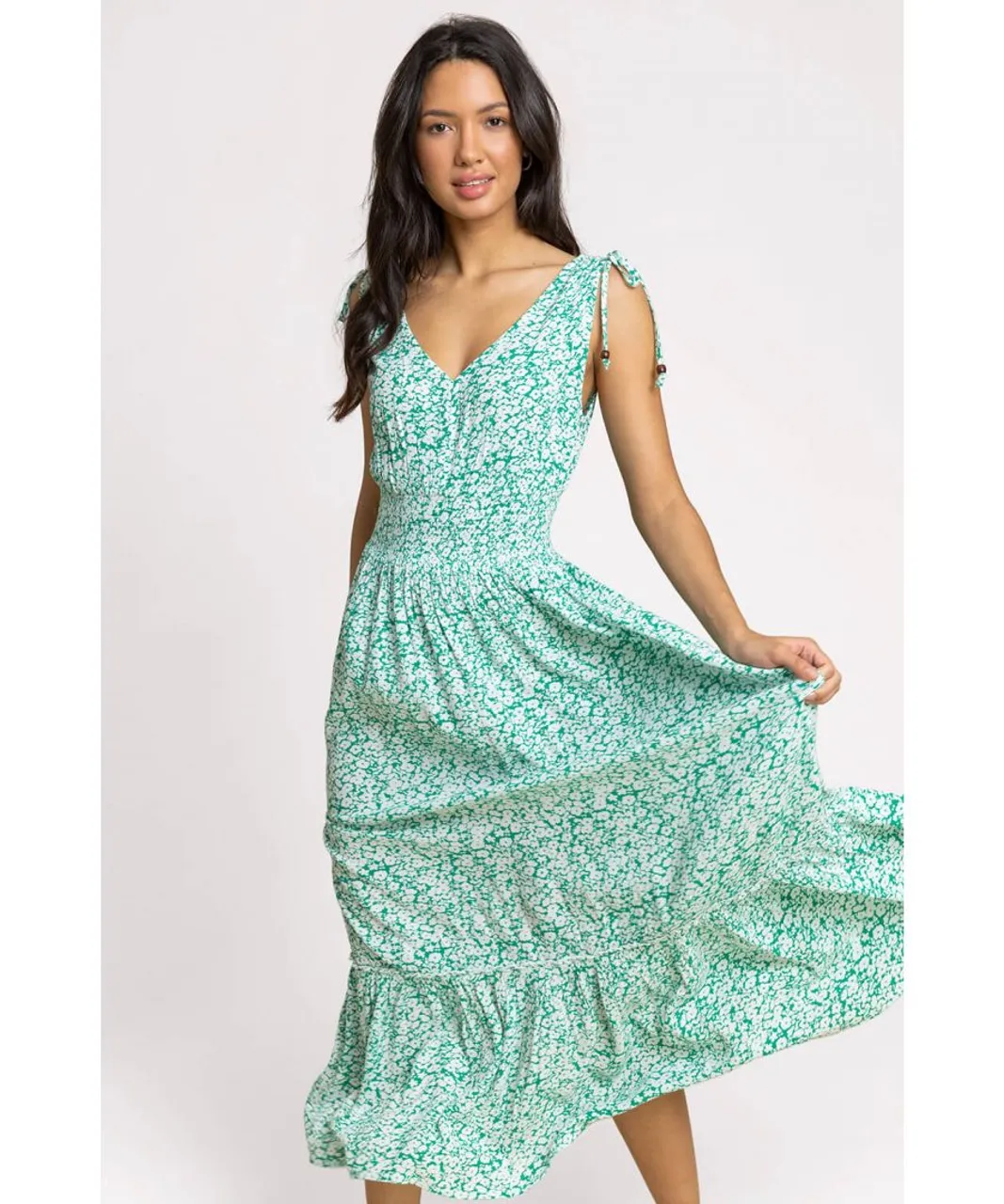 Roman Womens Ditsy Floral Shirred Waist Maxi Dress - Green