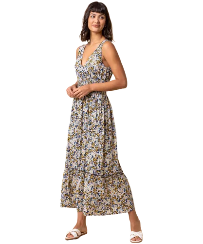 Roman Womens Ditsy Floral Shirred Waist Midi Dress - Multicolour