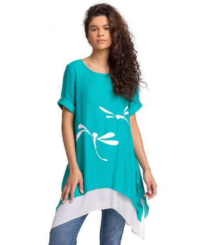 Roman Womens Dragonfly Print Asymmetric Tunic Top - Turquoise