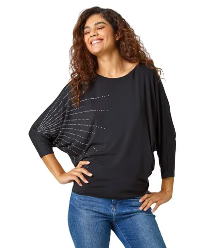 Roman Womens Embellished Relaxed Stretch Top - Black