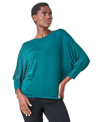 Roman Womens Embellished Relaxed Stretch Top - Dark Green