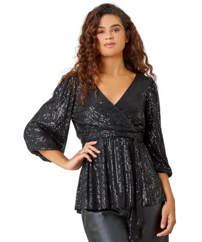 Roman Womens Embellished Sequin Stretch Wrap Top - Black