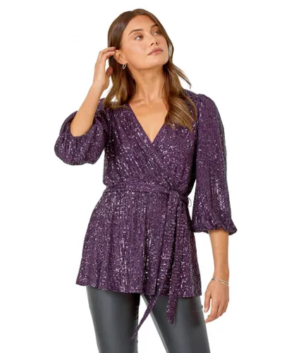 Roman Womens Embellished Sequin Stretch Wrap Top - Purple