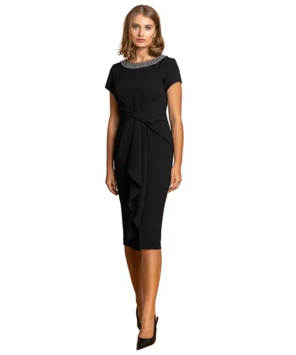 Roman Womens Embellished Twist Waist Stretch Ruched Dress - Black