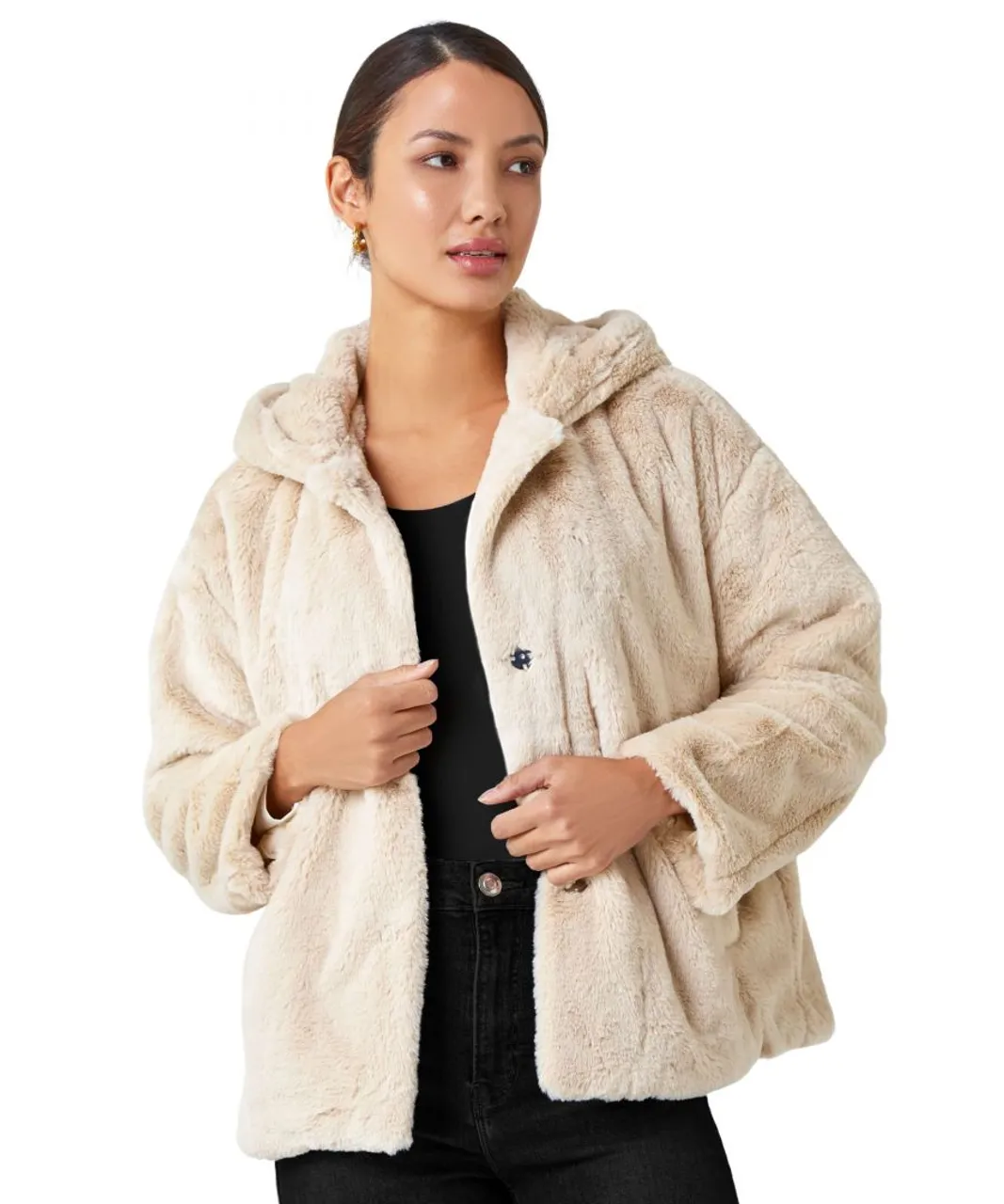 Roman Womens Faux Fur Hooded Jacket - Natural