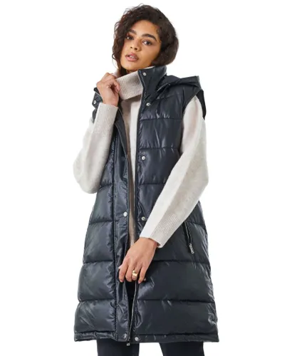 Roman Womens Faux Leather Longline Quilted Gilet - Black