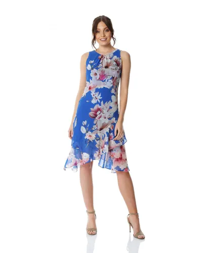 Roman Womens Floral Chiffon Hanky Hem Ruffle Dress - Blue