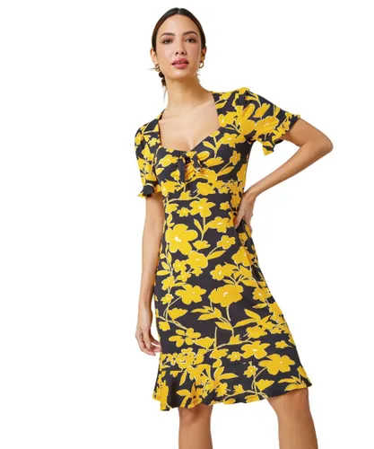 Roman Womens Floral Frill Hem Stretch Dress - Yellow