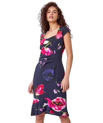 Roman Womens Floral Frill Premium Stretch Ruched Dress - Navy