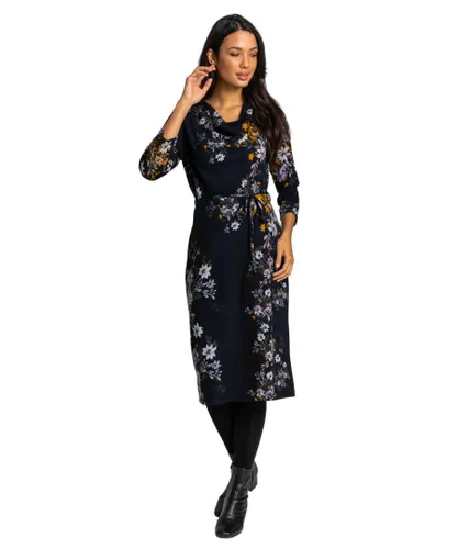 Roman Womens Floral Knitted Cowl Neck Dress - Navy