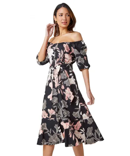 Roman Womens Floral Linen Blend Bardot Midi Dress - Black