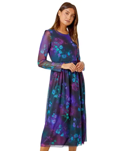 Roman Womens Floral Mesh Midi Stretch Dress - Purple