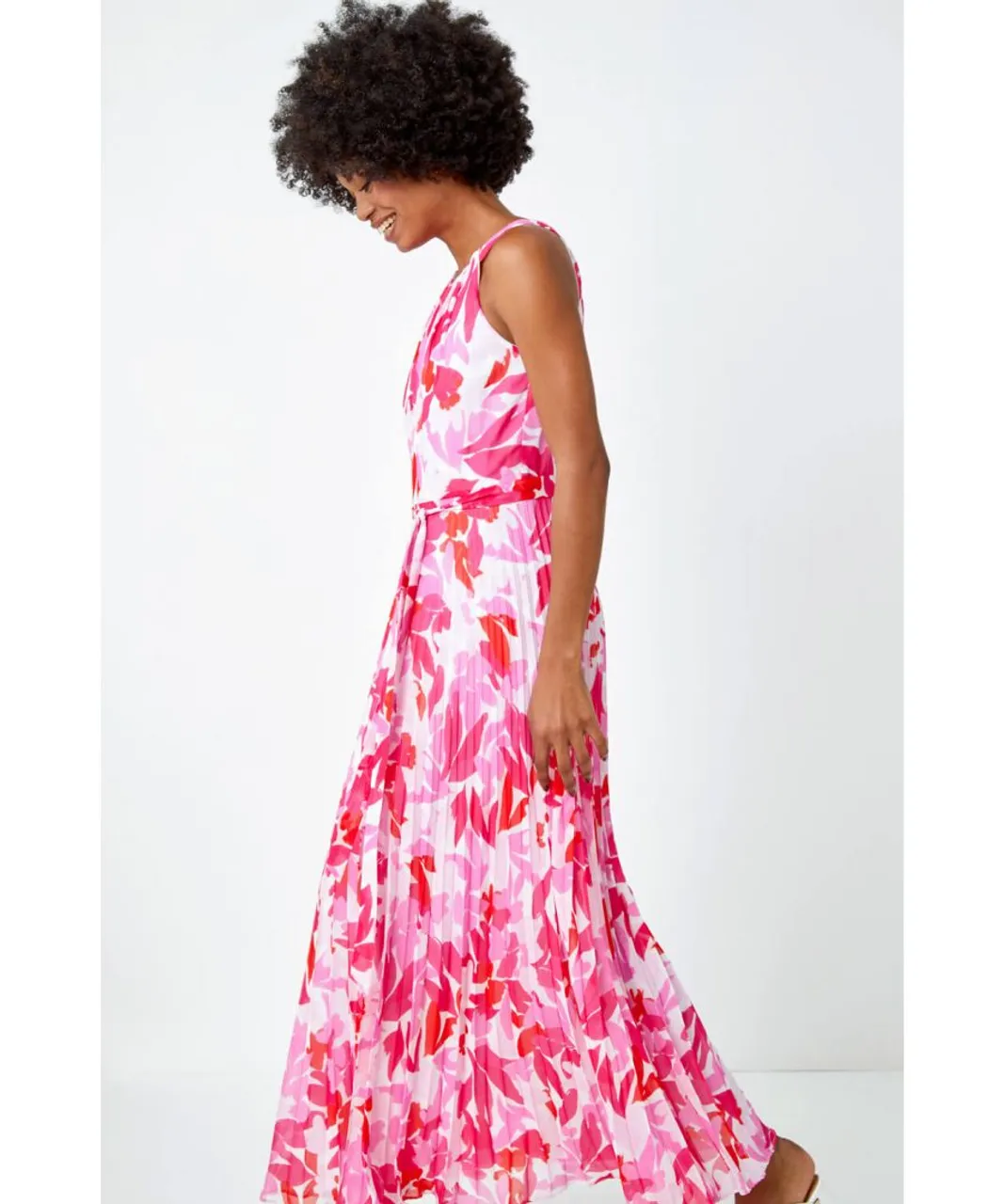 Roman Womens Floral Pleated Halter Neck Maxi Dress - Pink
